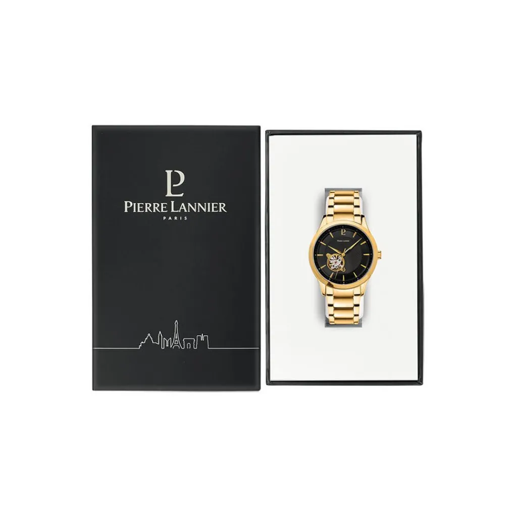 PIERRE LANNIER Montre Fleuret Noir cadran doré fond noir bracelet acier doré Hot