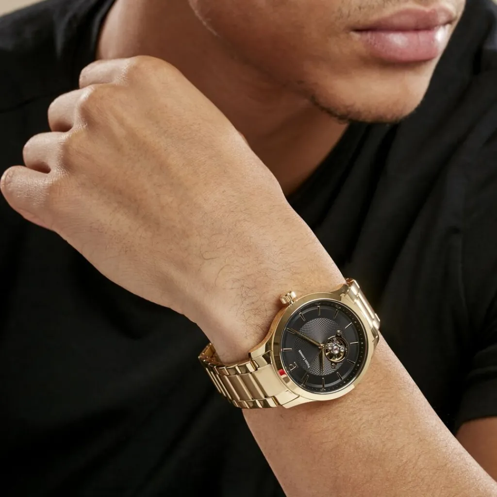 PIERRE LANNIER Montre Fleuret Noir cadran doré fond noir bracelet acier doré Hot