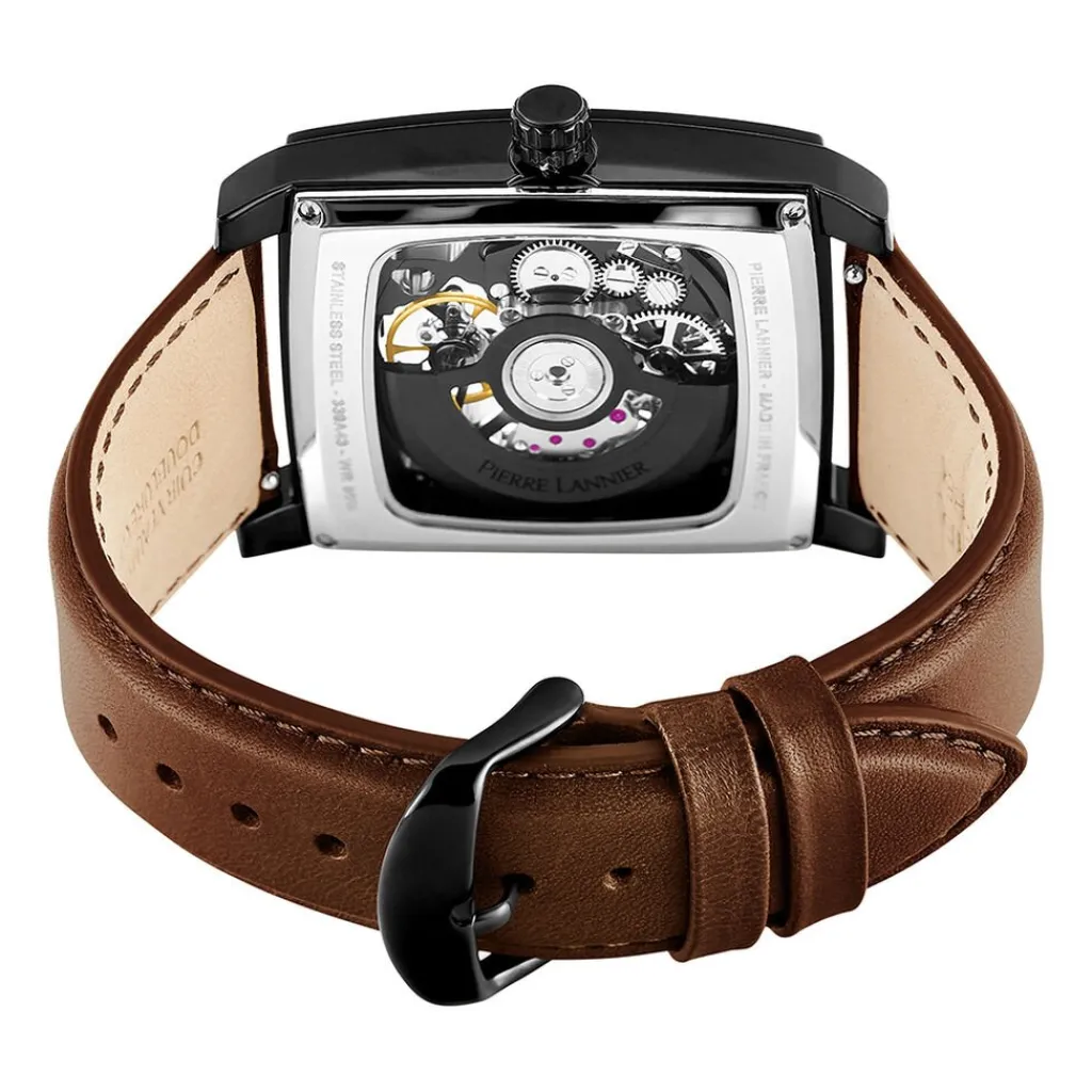 PIERRE LANNIER Montre Hector Noir cadran noir fond noir bracelet cuir marron Clearance