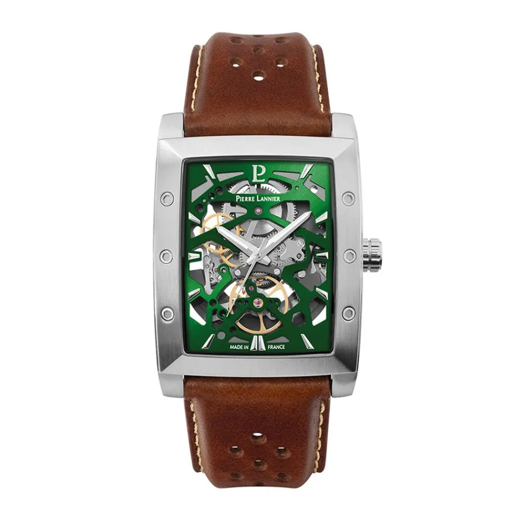 PIERRE LANNIER Montre Hector Vert cadran argenté fond vert bracelet cuir de vache marron New