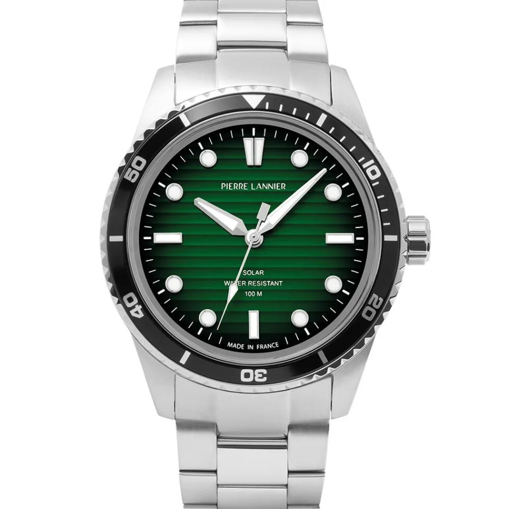 PIERRE LANNIER Montre Inti Vert cadran argenté fond vert bracelet acier argenté