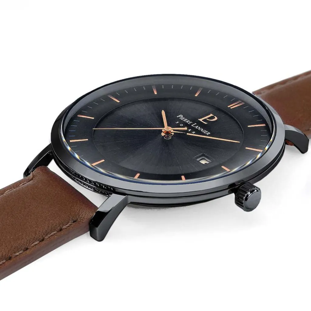 PIERRE LANNIER Montre Inti Noir cadran noir fond noir bracelet cuir brun Outlet