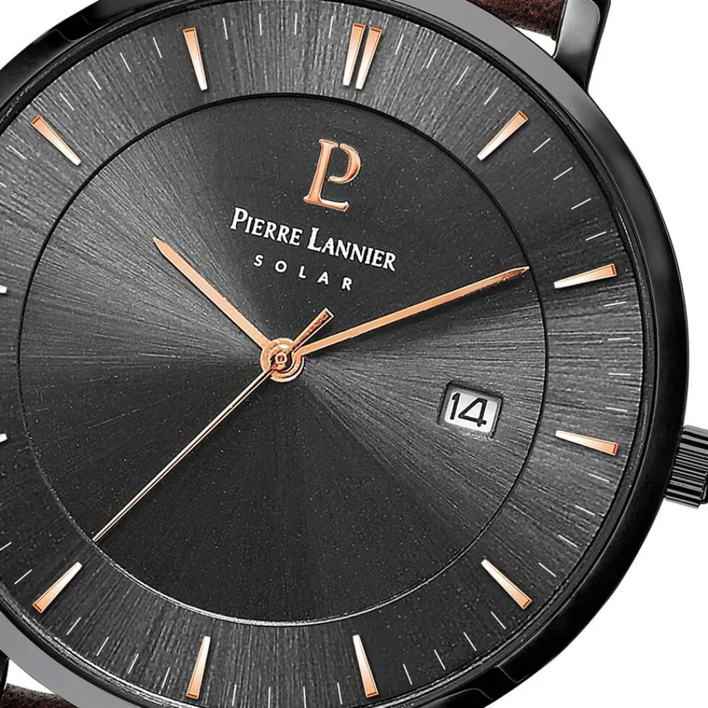 PIERRE LANNIER Montre Inti Noir cadran noir fond noir bracelet cuir brun Outlet