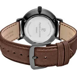 PIERRE LANNIER Montre Inti Noir cadran noir fond noir bracelet cuir brun Outlet