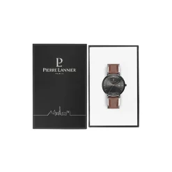 PIERRE LANNIER Montre Inti Noir cadran noir fond noir bracelet cuir brun Outlet