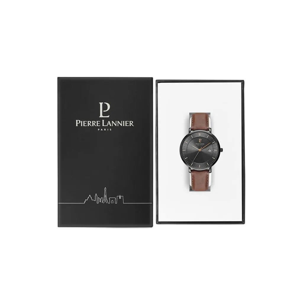 PIERRE LANNIER Montre Inti Noir cadran noir fond noir bracelet cuir brun Outlet