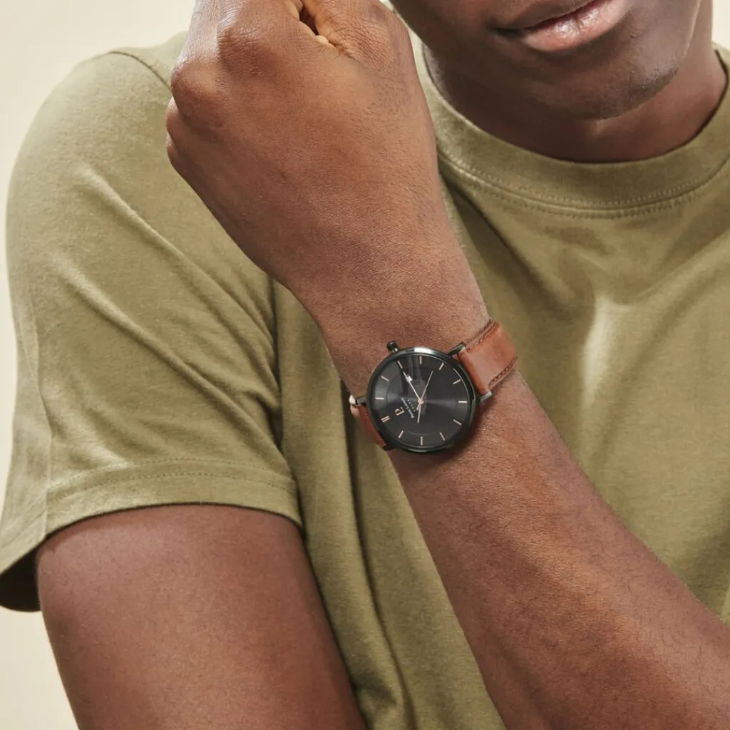 PIERRE LANNIER Montre Inti Noir cadran noir fond noir bracelet cuir brun Outlet