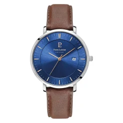 PIERRE LANNIER Montre Inti Bleu cadran argenté fond bleu bracelet cuir brun Sale