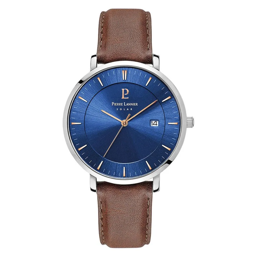 PIERRE LANNIER Montre Inti Bleu cadran argenté fond bleu bracelet cuir brun Sale