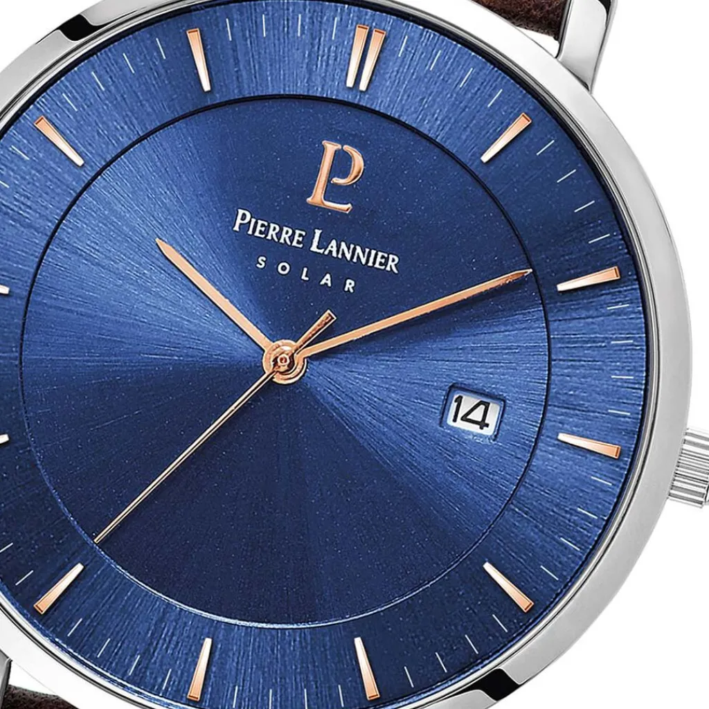 PIERRE LANNIER Montre Inti Bleu cadran argenté fond bleu bracelet cuir brun Sale