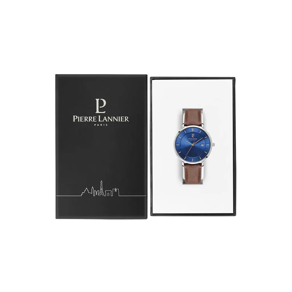 PIERRE LANNIER Montre Inti Bleu cadran argenté fond bleu bracelet cuir brun Sale