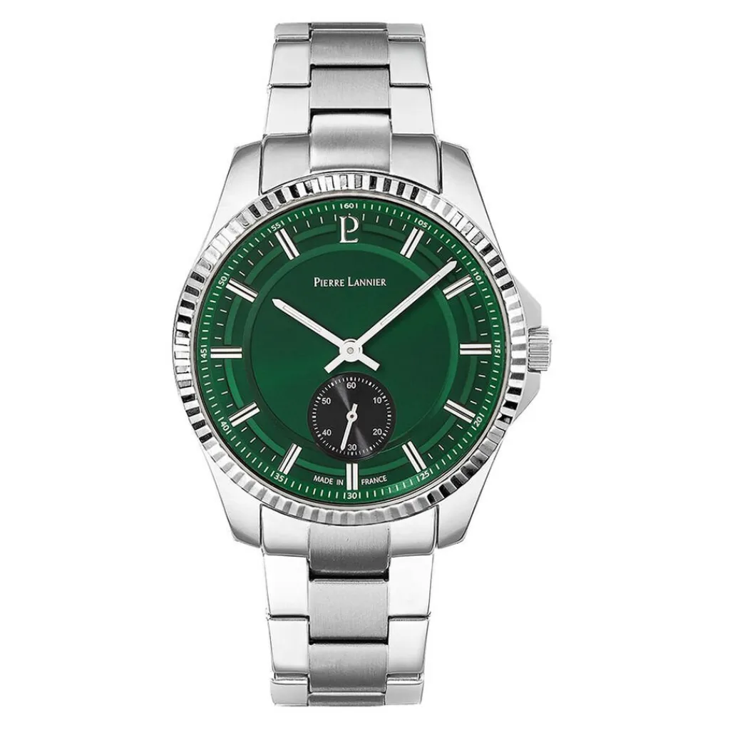 PIERRE LANNIER Montre Metropolitain Vert cadran argenté fond vert bracelet acier argenté