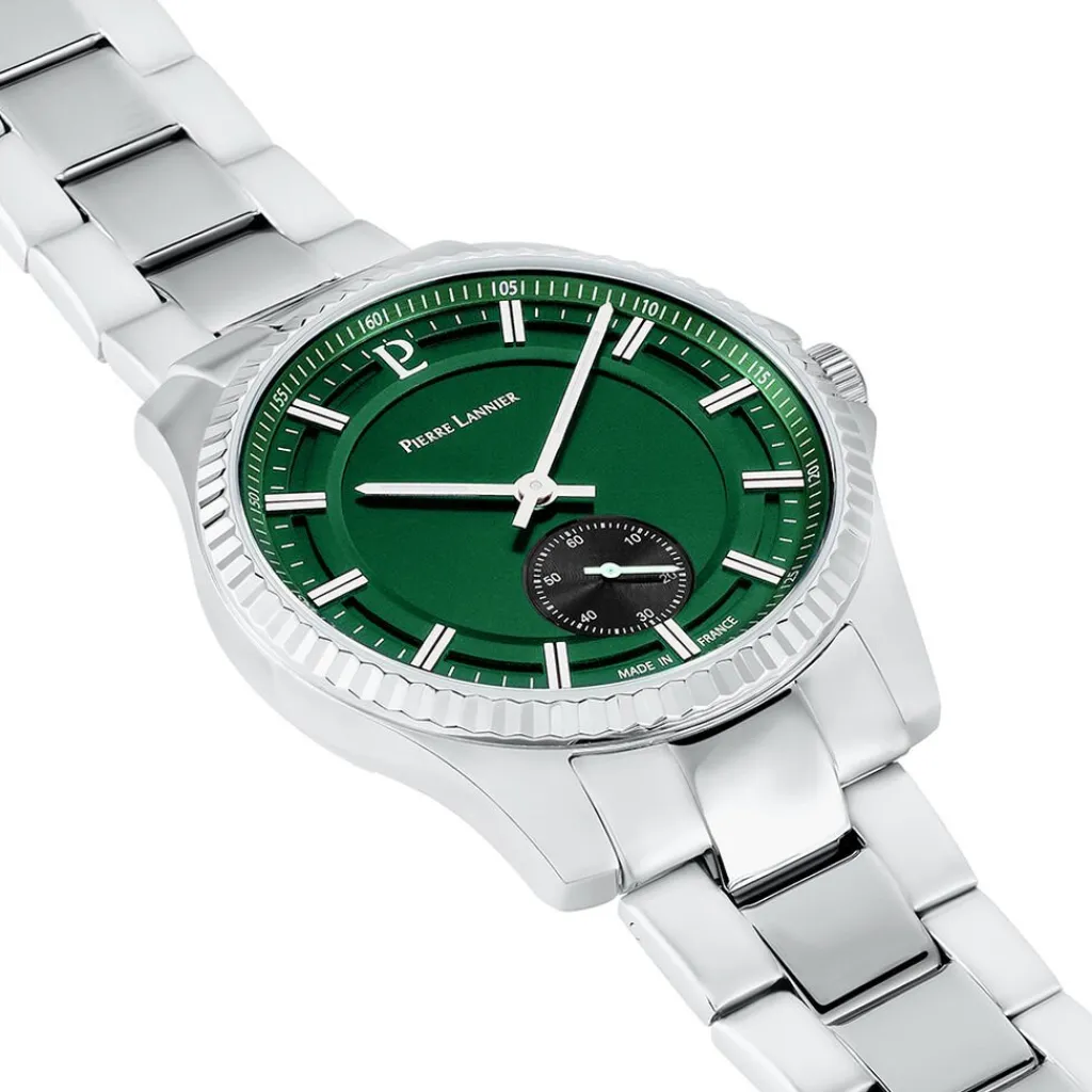 PIERRE LANNIER Montre Metropolitain Vert cadran argenté fond vert bracelet acier argenté