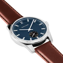 PIERRE LANNIER Montre Metropolitain Bleu cadran argenté fond bleu bracelet cuir de veau marron Sale