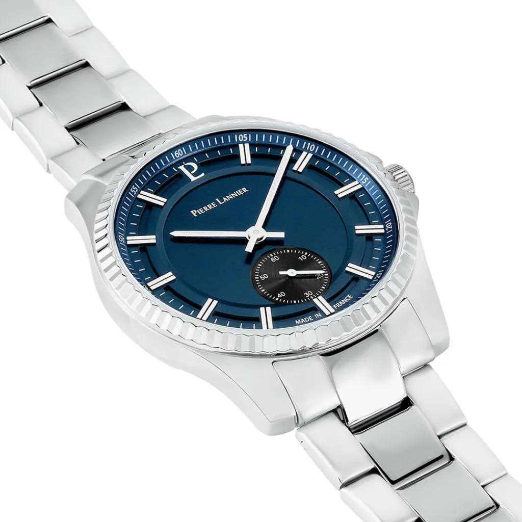 PIERRE LANNIER Montre Metropolitain Bleu cadran argenté fond bleu bracelet acier argenté Best