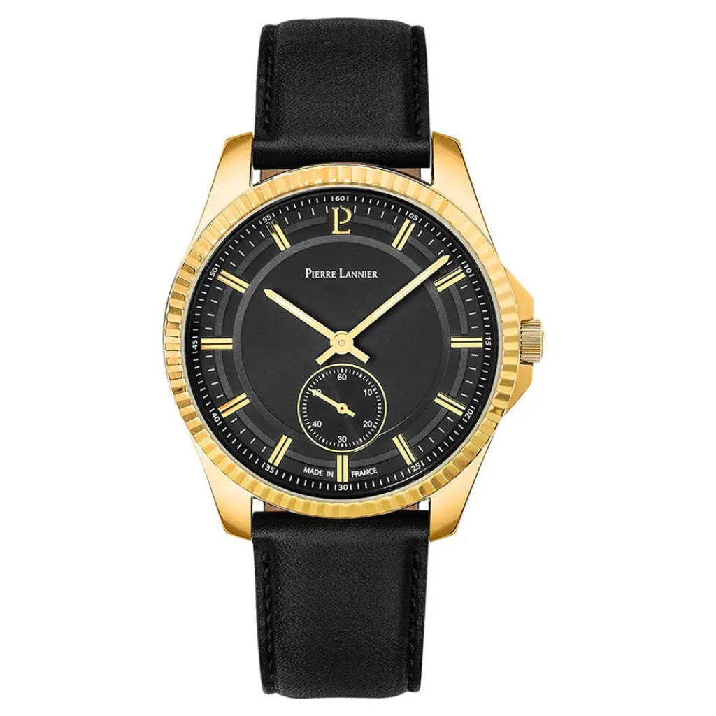 PIERRE LANNIER Montre Metropolitain Noir cadran doré fond noir bracelet cuir de veau noir Best