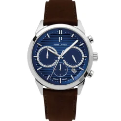 PIERRE LANNIER Montre Monarck Bleu cadran argenté fond bleu bracelet cuir de vache marron Outlet