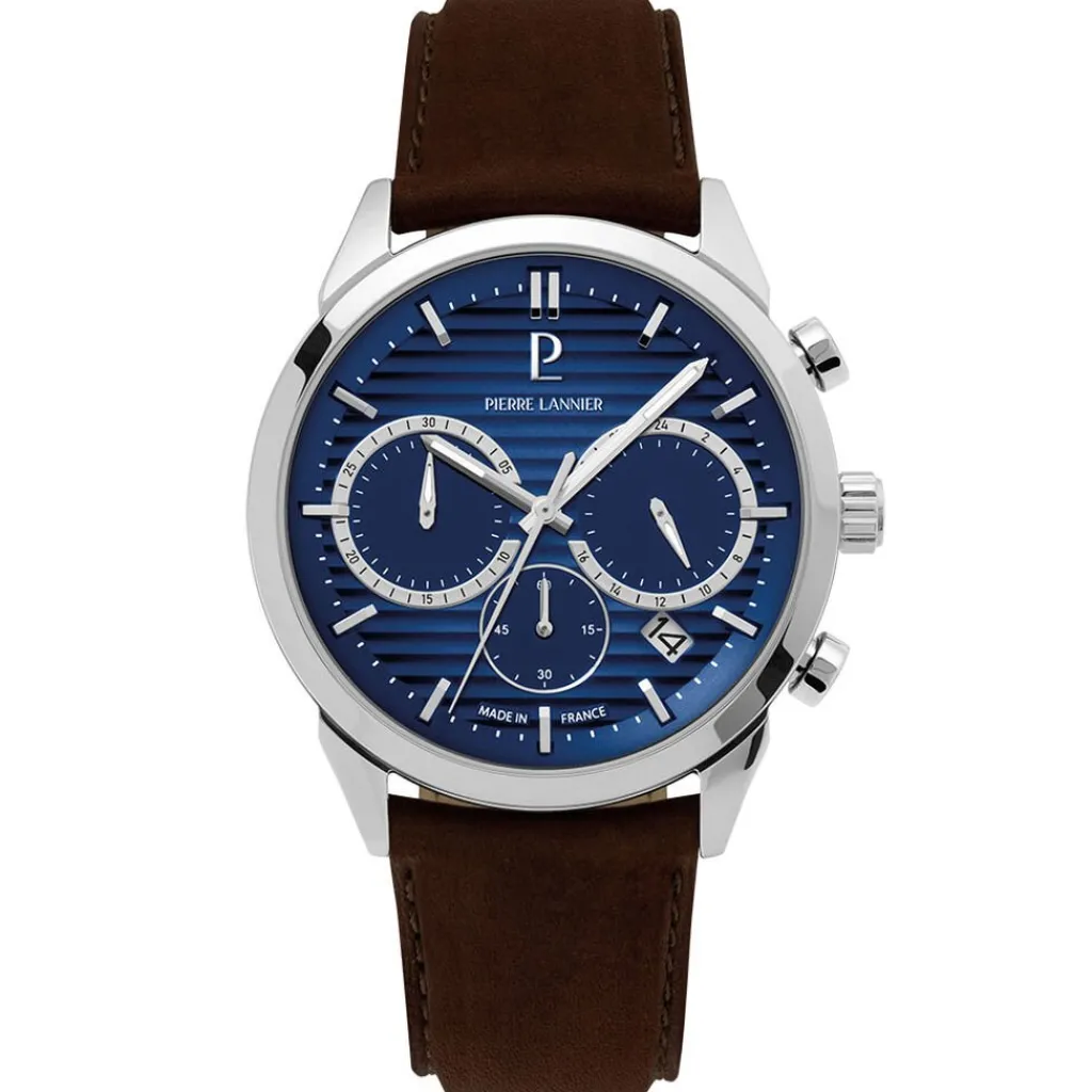 PIERRE LANNIER Montre Monarck Bleu cadran argenté fond bleu bracelet cuir de vache marron Outlet