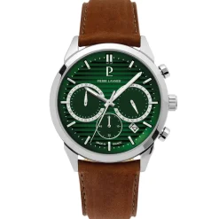 PIERRE LANNIER Montre Monarck Vert cadran argenté fond vert bracelet cuir de vache marron Outlet