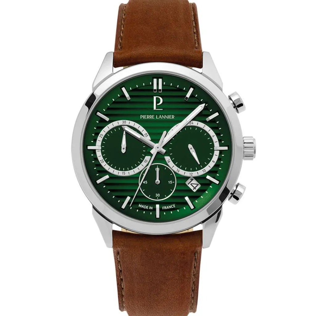 PIERRE LANNIER Montre Monarck Vert cadran argenté fond vert bracelet cuir de vache marron Outlet
