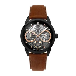PIERRE LANNIER Montre Monarck Bicolore cadran noir fond bicolore bracelet cuir de vache marron