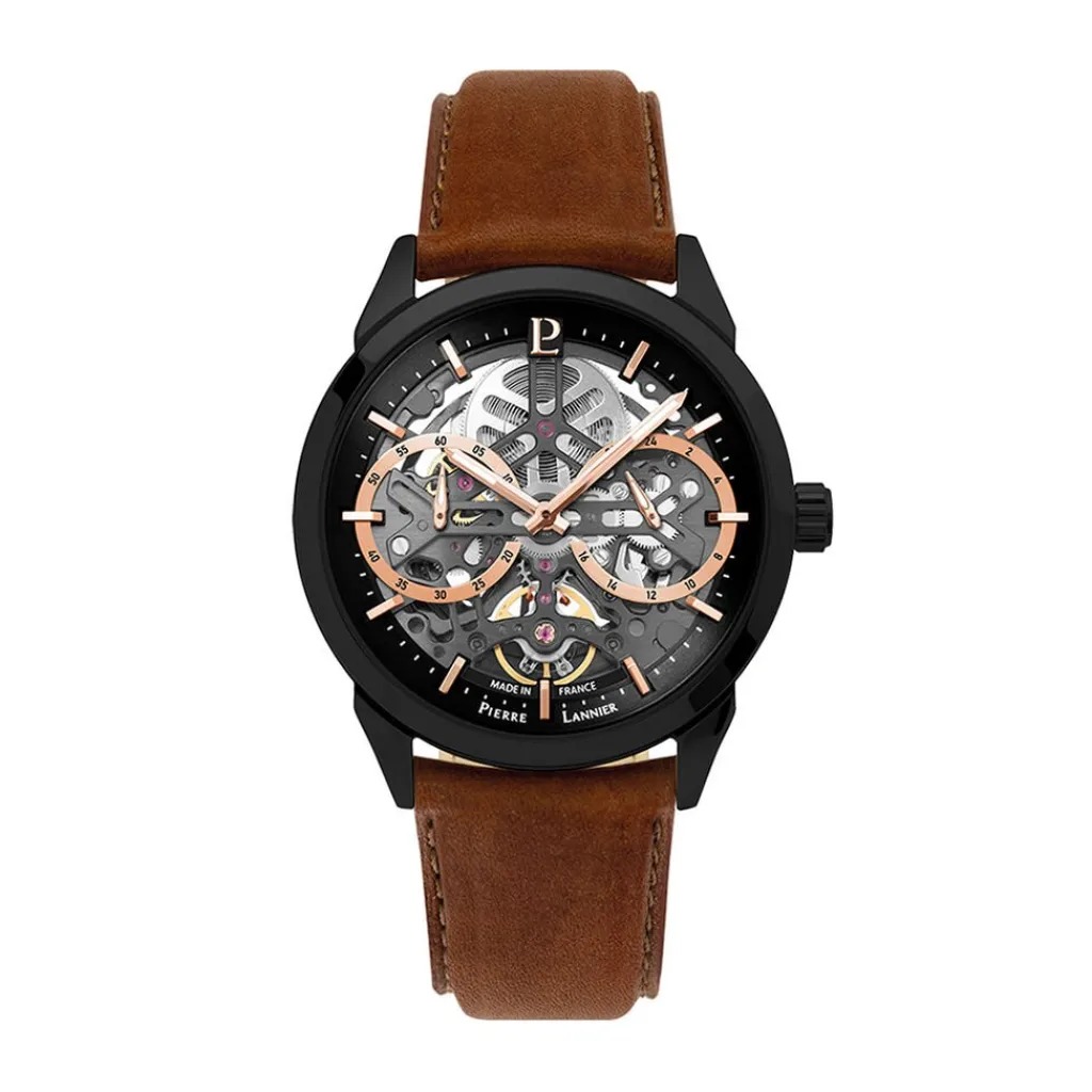 PIERRE LANNIER Montre Monarck Bicolore cadran noir fond bicolore bracelet cuir de vache marron