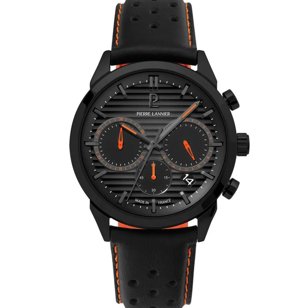 PIERRE LANNIER Montre Monarck Noir cadran noir fond noir bracelet cuir de vache noir Best