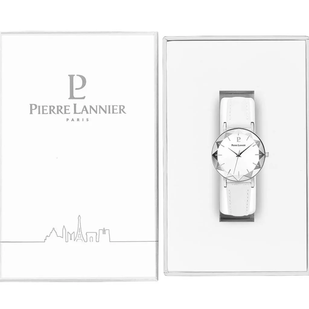 PIERRE LANNIER Montre Multiples Blanc cadran argenté fond blanc bracelet cuir blanc Best