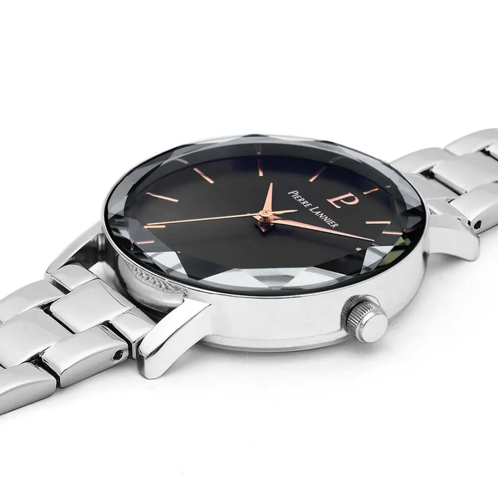 PIERRE LANNIER Montre Multiples Noir cadran argenté fond noir bracelet acier argenté Online