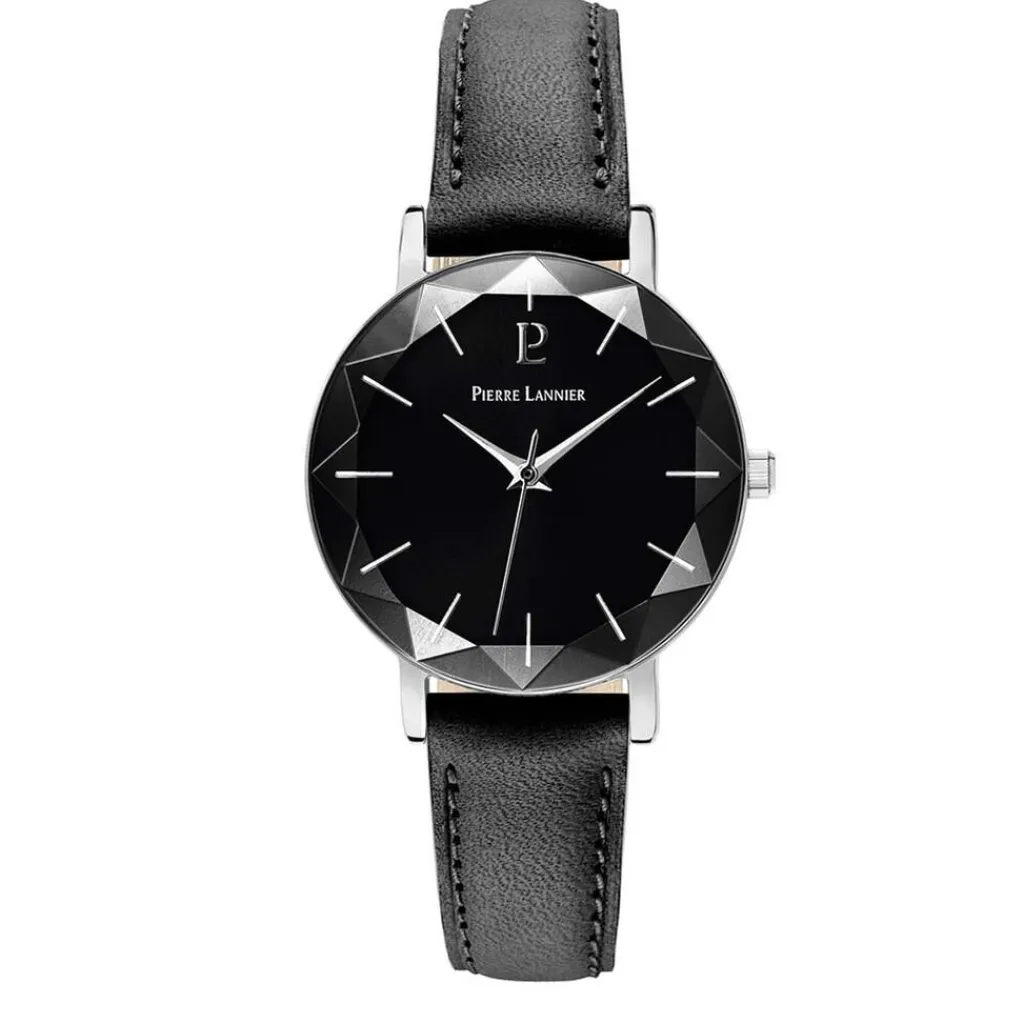 PIERRE LANNIER Montre Multiples Noir cadran argenté fond noir bracelet cuir noir Best