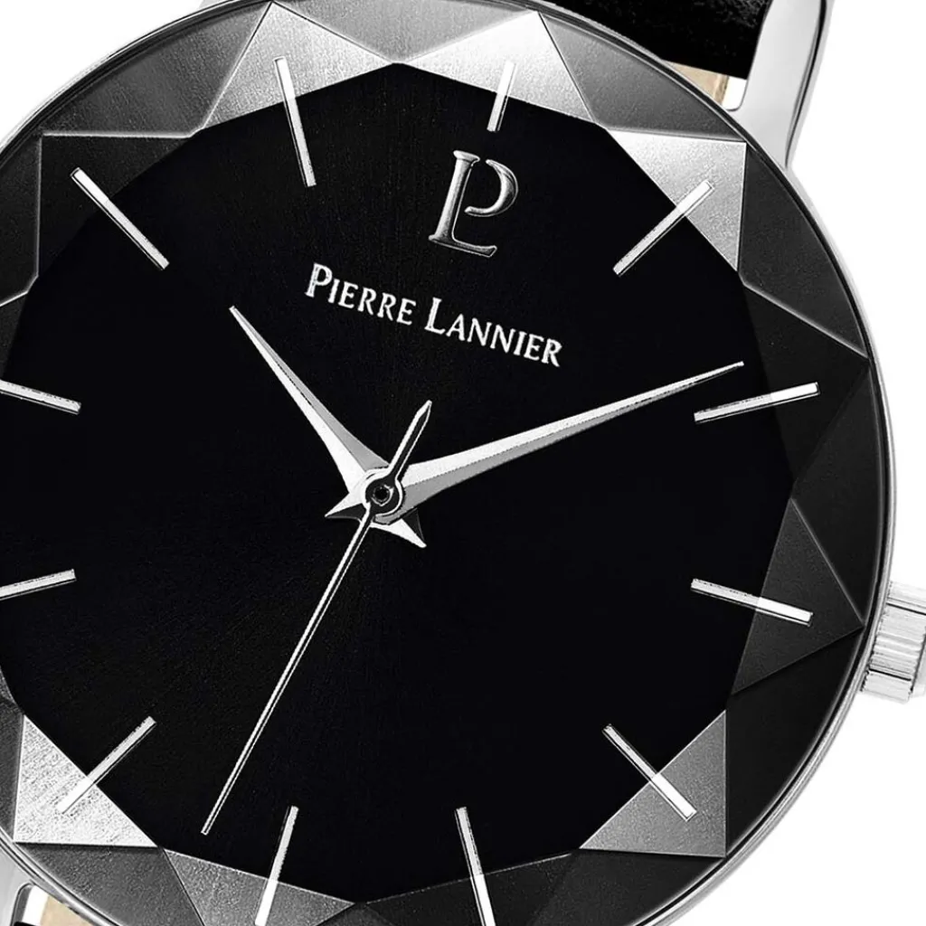 PIERRE LANNIER Montre Multiples Noir cadran argenté fond noir bracelet cuir noir Best