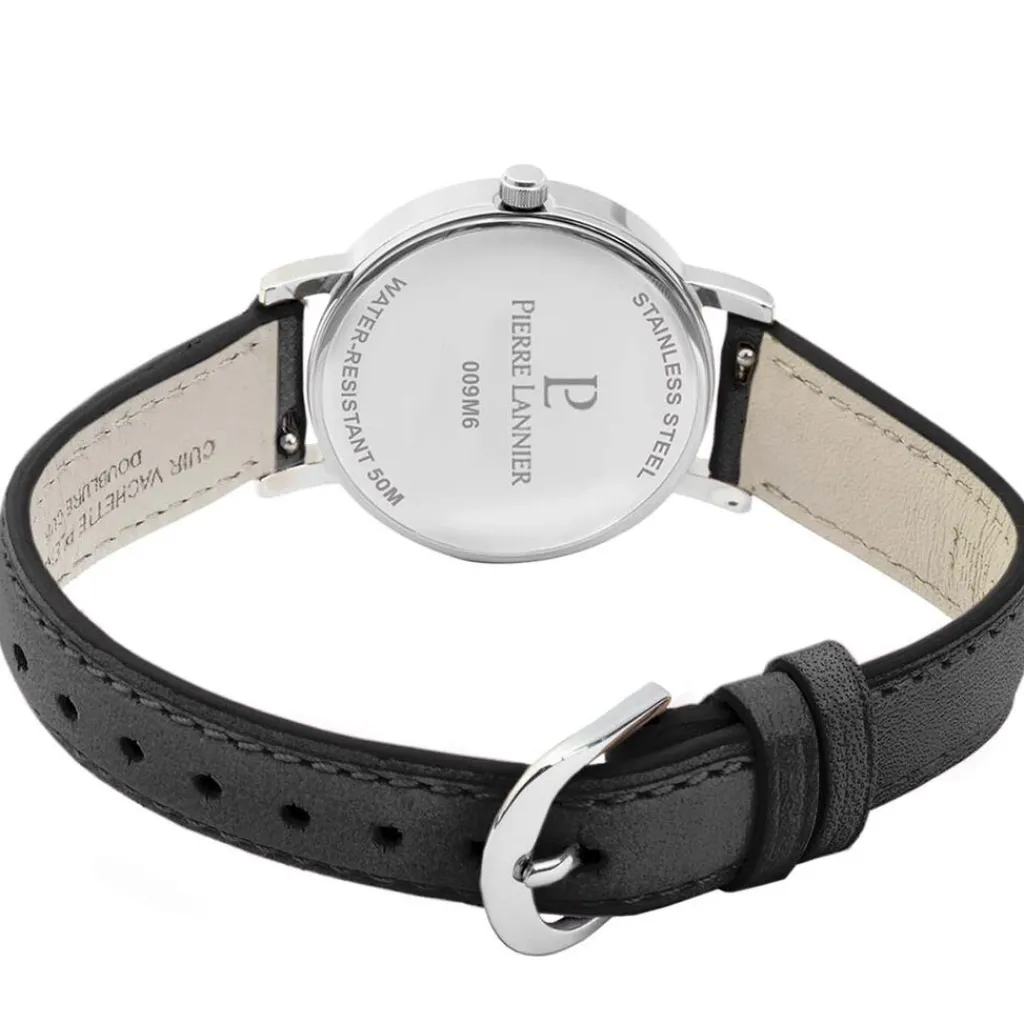 PIERRE LANNIER Montre Multiples Noir cadran argenté fond noir bracelet cuir noir Best