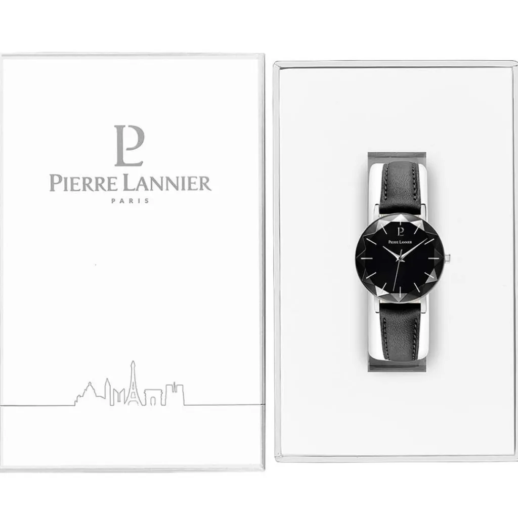 PIERRE LANNIER Montre Multiples Noir cadran argenté fond noir bracelet cuir noir Best