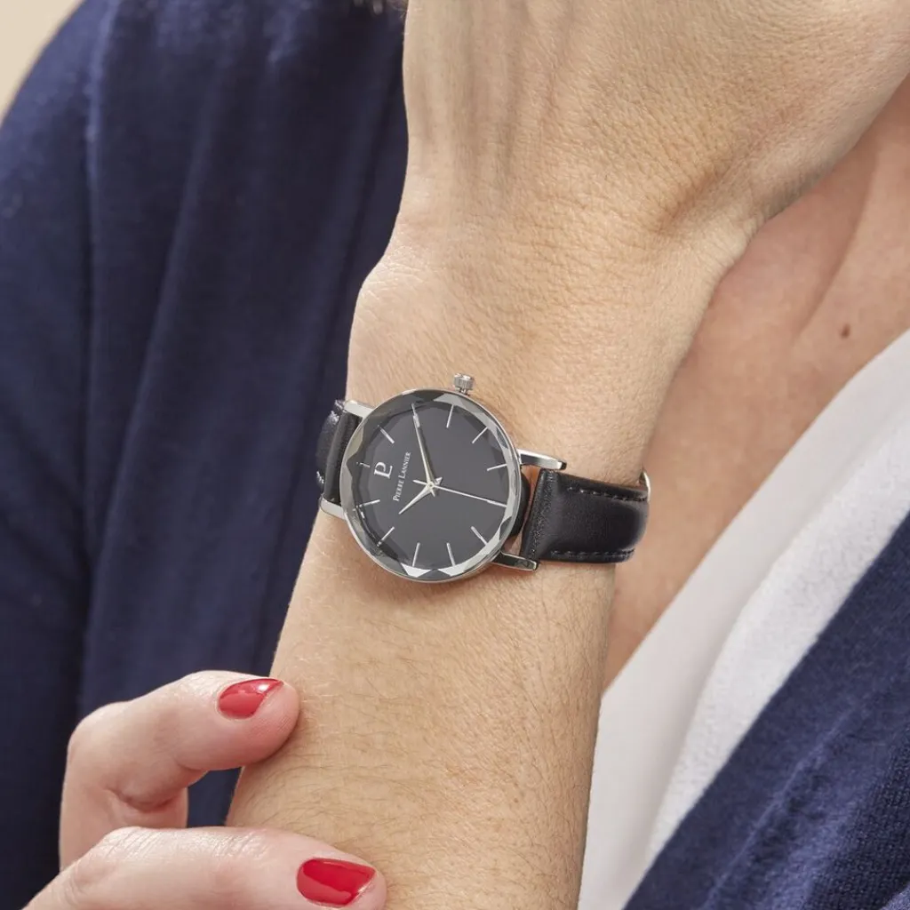 PIERRE LANNIER Montre Multiples Noir cadran argenté fond noir bracelet cuir noir Best