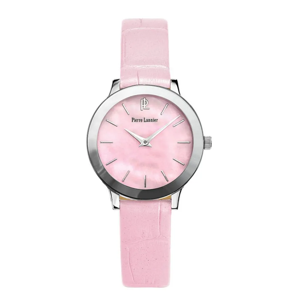 PIERRE LANNIER Montre Noelle Rose cadran argenté fond nacre bracelet cuir rose