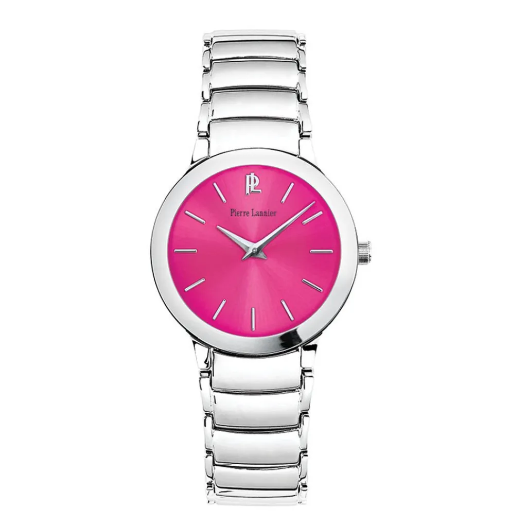 PIERRE LANNIER Montre Noelle Rose cadran argenté fond fushia bracelet acier argenté New