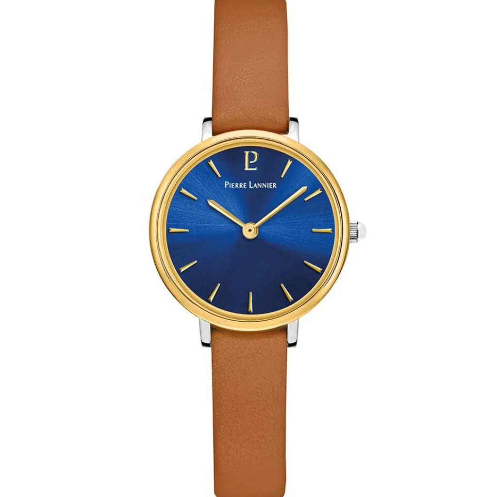 PIERRE LANNIER Montre Nova Bleu cadran argenté fond bleu bracelet cuir brun