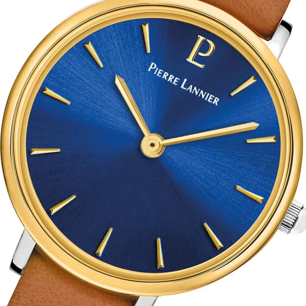 PIERRE LANNIER Montre Nova Bleu cadran argenté fond bleu bracelet cuir brun