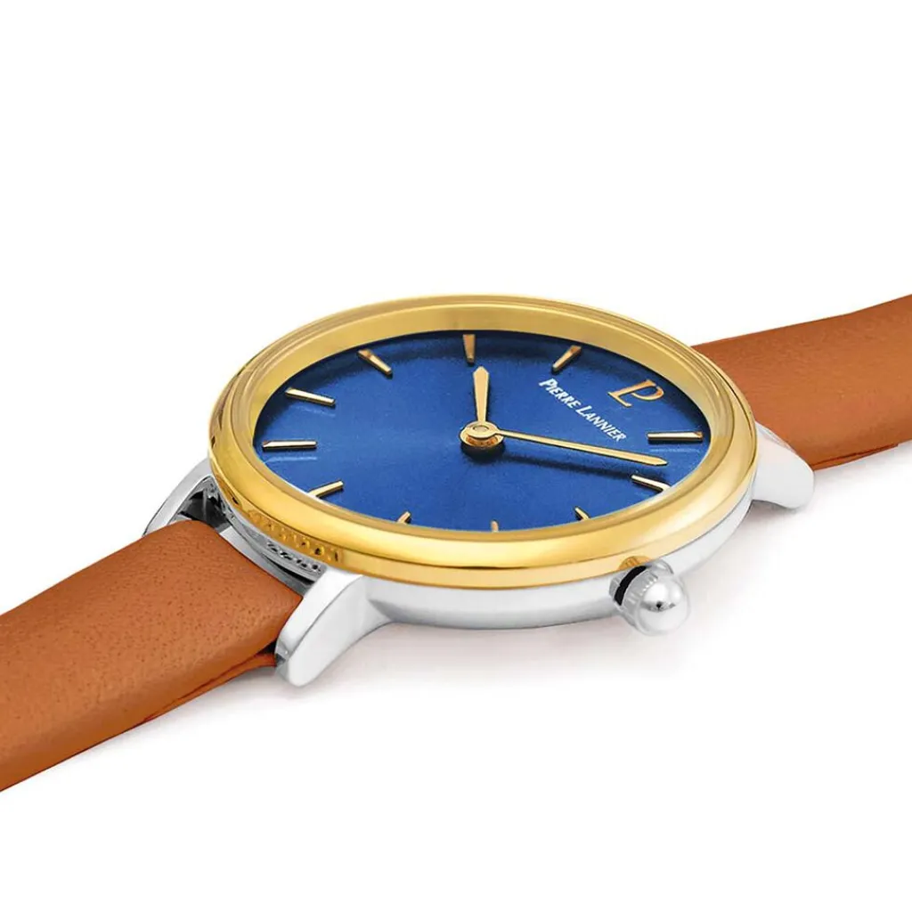 PIERRE LANNIER Montre Nova Bleu cadran argenté fond bleu bracelet cuir brun