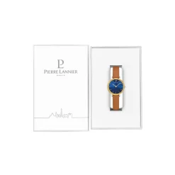 PIERRE LANNIER Montre Nova Bleu cadran argenté fond bleu bracelet cuir brun