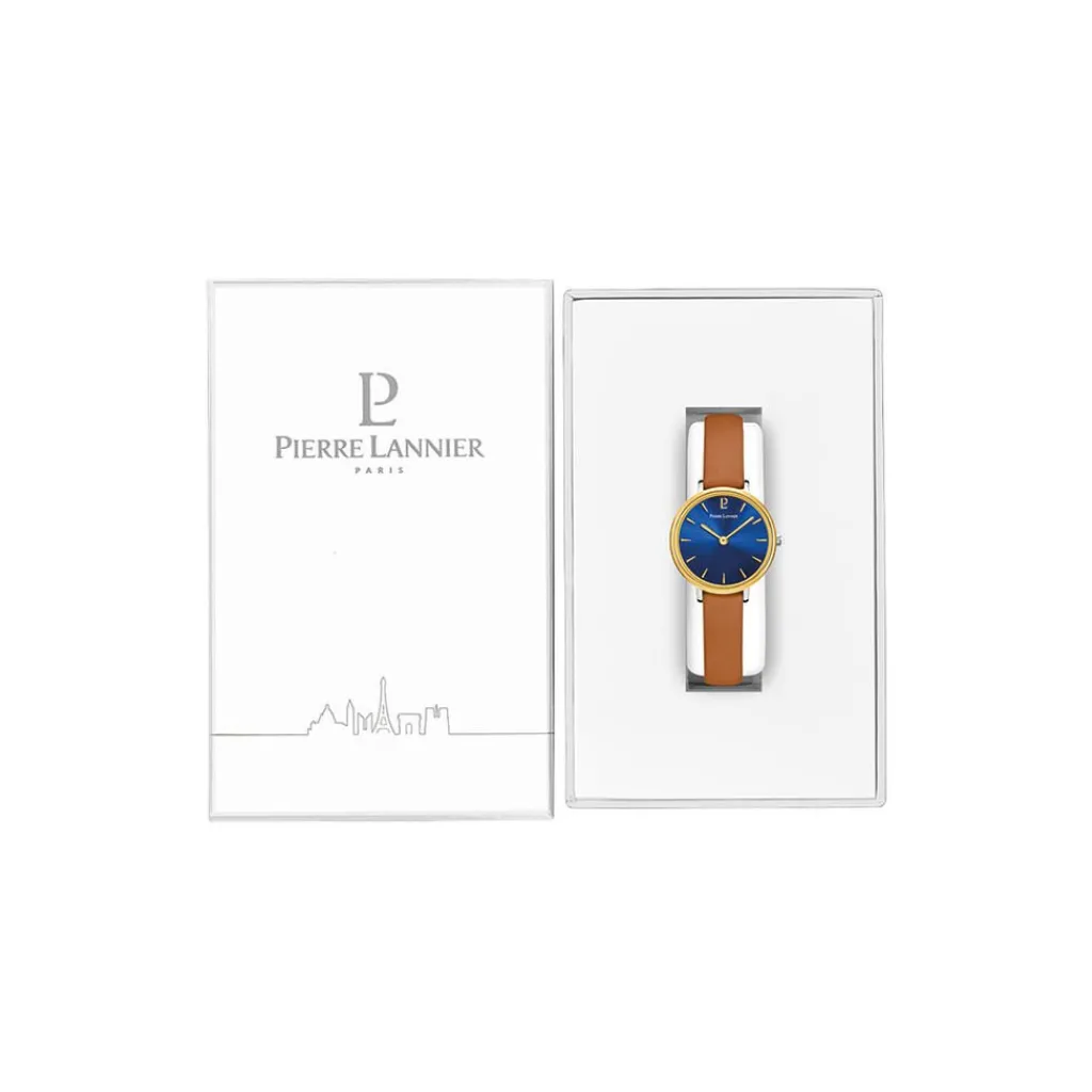 PIERRE LANNIER Montre Nova Bleu cadran argenté fond bleu bracelet cuir brun