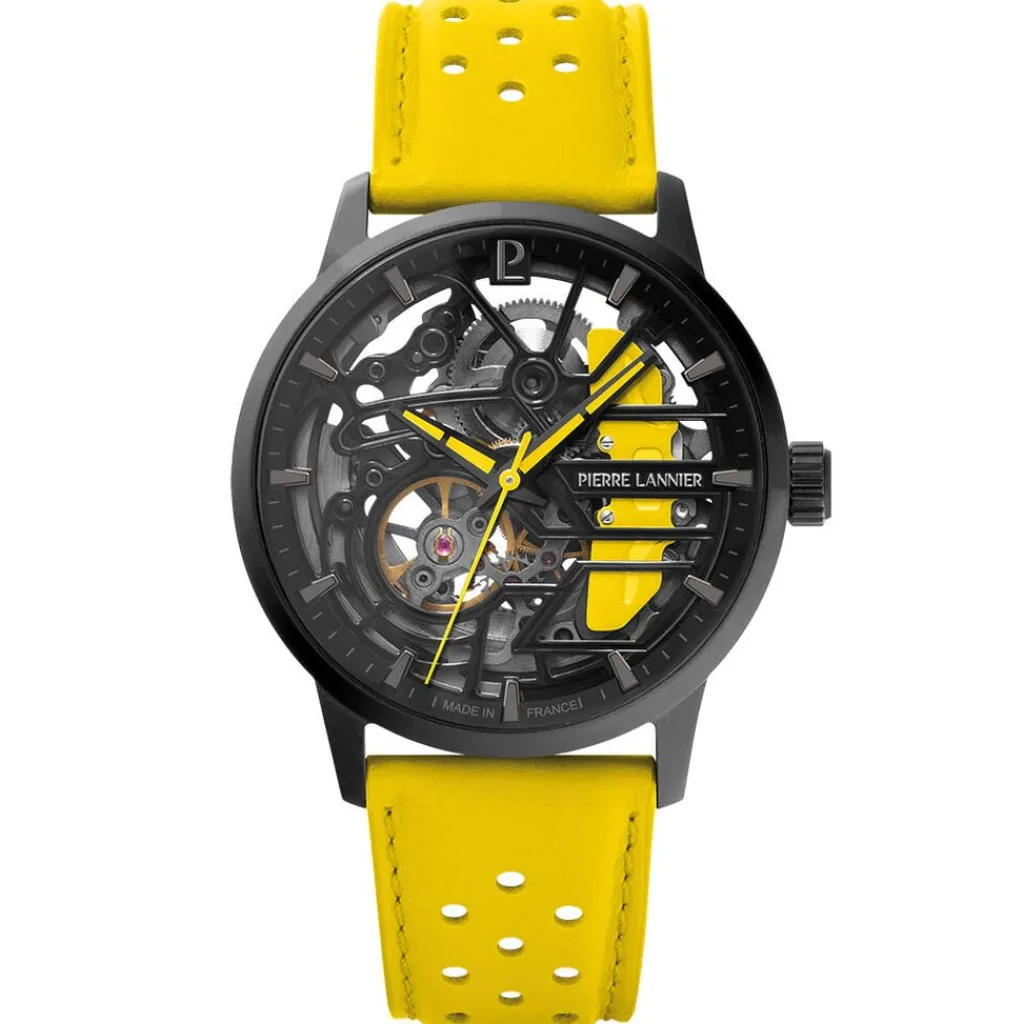 PIERRE LANNIER Montre Paddock Noir cadran noir fond noir bracelet cuir de vache jaune Sale