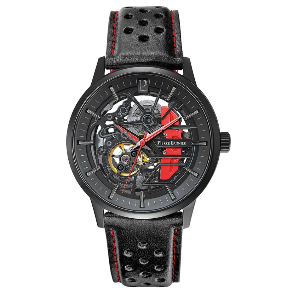 PIERRE LANNIER Montre Paddock Noir cadran noir fond noir bracelet cuir noir Sale
