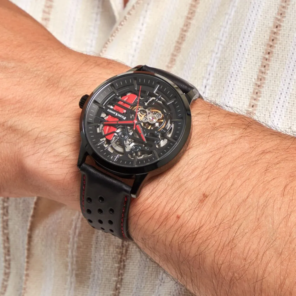 PIERRE LANNIER Montre Paddock Noir cadran noir fond noir bracelet cuir noir Sale