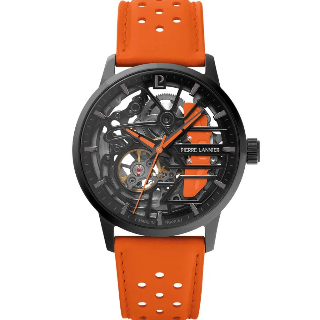 PIERRE LANNIER Montre Paddock Noir cadran noir fond noir bracelet cuir de vache orange Online
