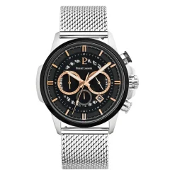 PIERRE LANNIER Montre Sentinelle Noir cadran argenté fond noir bracelet acier argenté