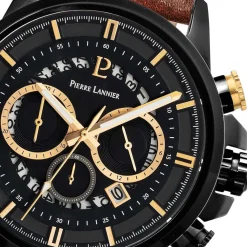 PIERRE LANNIER Montre Sentinelle Noir cadran noir fond noir bracelet cuir brun Discount