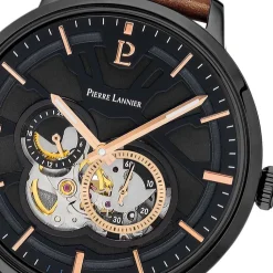 PIERRE LANNIER Montre Trio Noir cadran noir fond noir bracelet cuir brun Sale