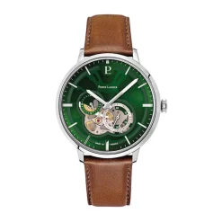 PIERRE LANNIER Montre Trio Vert cadran argenté fond vert bracelet cuir de vache marron Outlet