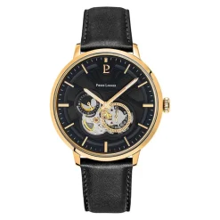 PIERRE LANNIER Montre Trio Noir cadran doré fond noir bracelet cuir noir Outlet